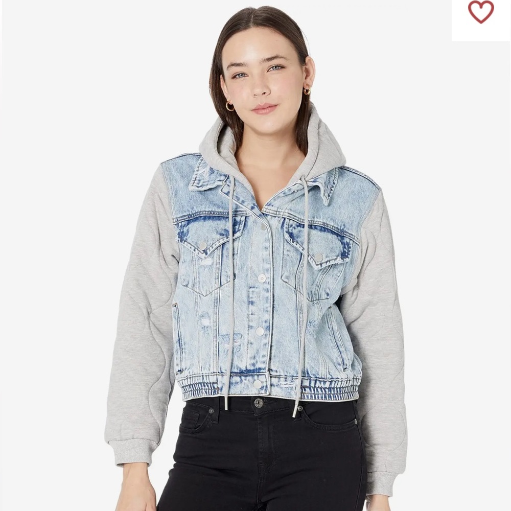 Blank NYC Denim Jacket with Grey Quilted Sleeves and Removable Hood Large